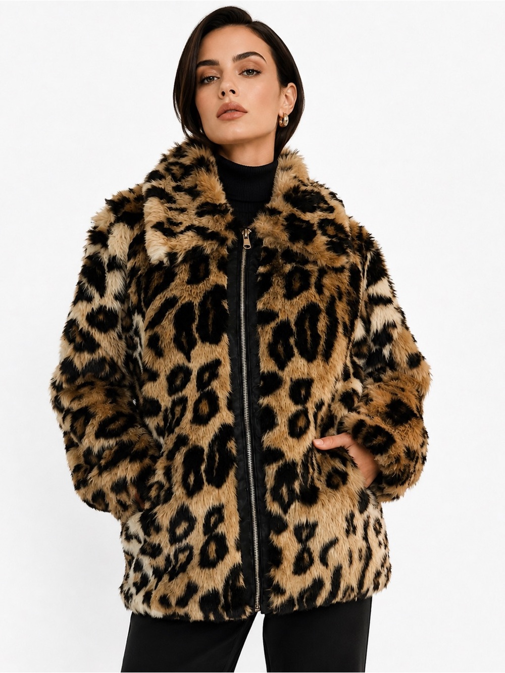 Express Leopard Print Faux Fur Zip Jacket Oversized Plush Pockets Collared XS